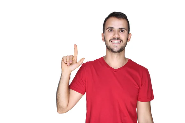 Portret van de jonge baard man met vinger omhoog geïsoleerd op wit — Stockfoto