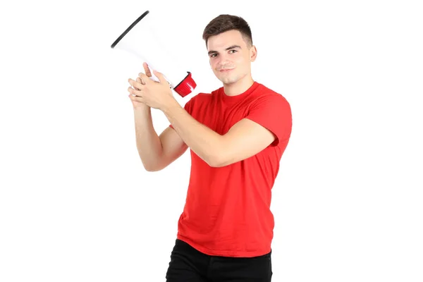 Jeune homme avec mégaphone sur fond blanc — Photo