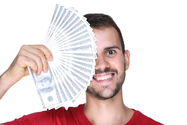 Joven hombre feliz sosteniendo billetes de dólar sobre fondo blanco — Foto de Stock