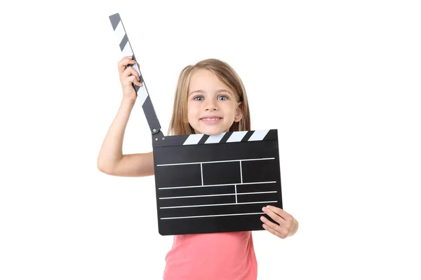 Little girl with clapper board isolated on white background — Stock Photo, Image