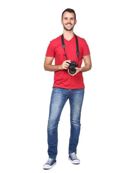 Jovem fotógrafo com câmera isolada em fundo branco — Fotografia de Stock