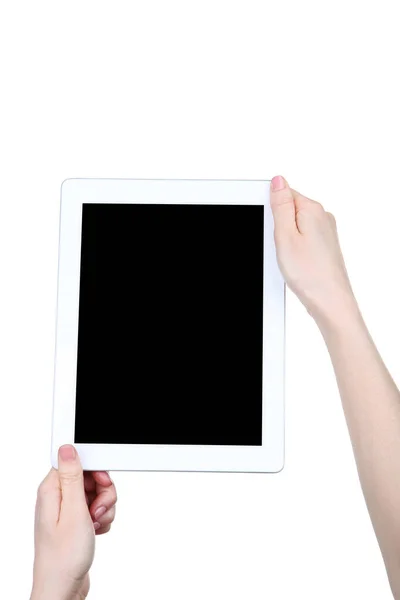 Komputer tablet pada tangan perempuan terisolasi pada latar belakang putih — Stok Foto