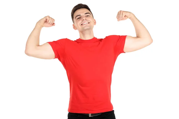 Jongeman toont handen spieren op witte achtergrond — Stockfoto