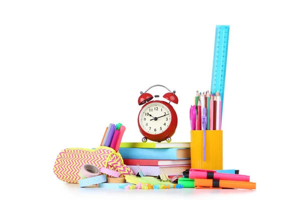 School Supplies Red Alarm Clock White Background — Stock Photo, Image