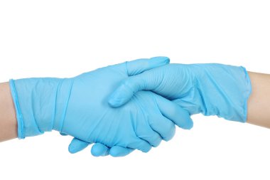 Doktor beyaz arka planda el sıkışıyor.