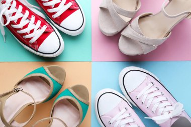 Renkli arka planda farklı kadın ayakkabıları.