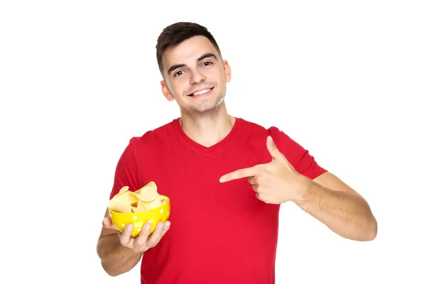 Jovem Menino Segurando Batatas Fritas Tigela Fundo Branco — Fotografia de Stock