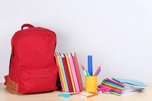 Backpack School Supplies Grey Background — Stock Photo, Image