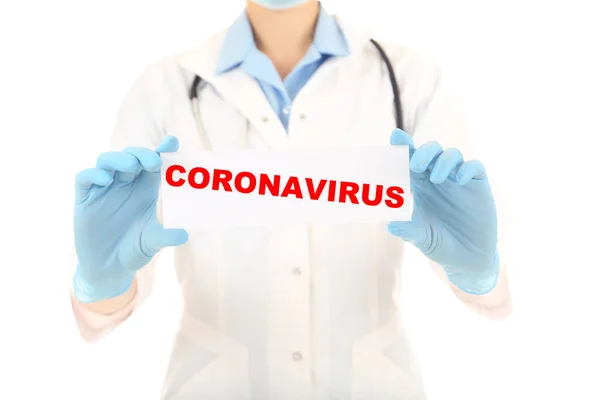 Docteur Tenant Papier Avec Texte Coronavirus — Photo