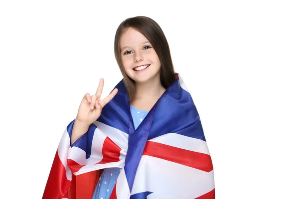 Joven Envuelta Bandera Británica Sobre Fondo Blanco —  Fotos de Stock