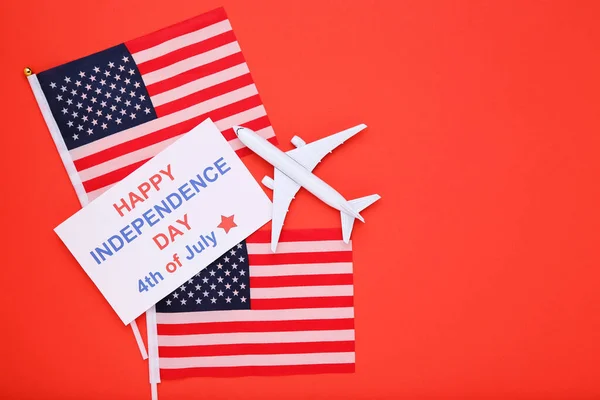 Text Happy Independence Day Flags Airplane Model Red Background — Stock Photo, Image