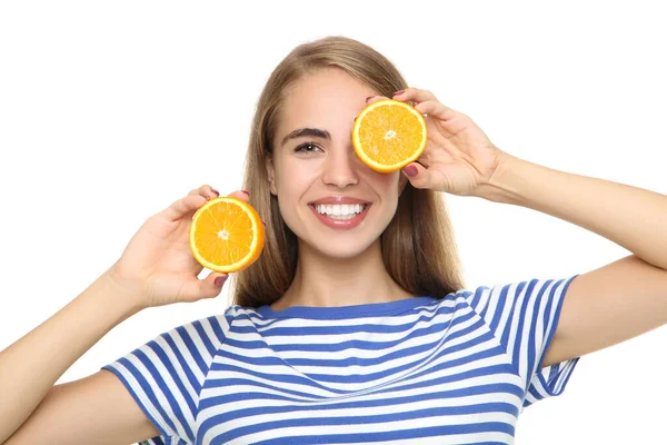 Jong Meisje Met Vers Oranje Fruit Witte Achtergrond — Stockfoto