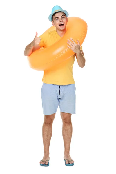 Joven Con Anillo Inflable Mostrando Pulgar Hacia Arriba Sobre Fondo —  Fotos de Stock