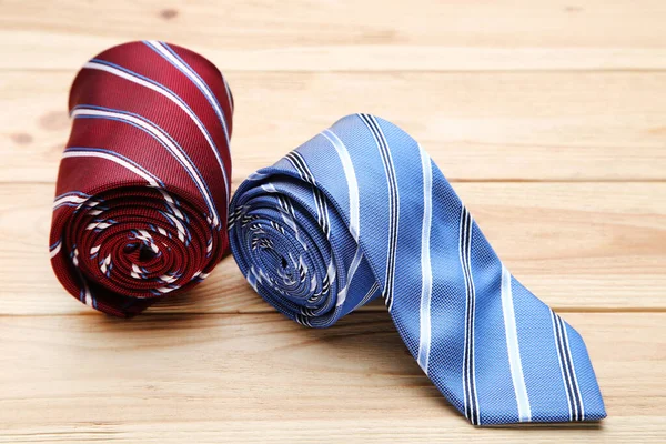 Colorful Neckties Brown Wooden Table — Stock Photo, Image