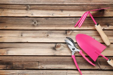 Kahverengi ahşap masada bahçe aletleri