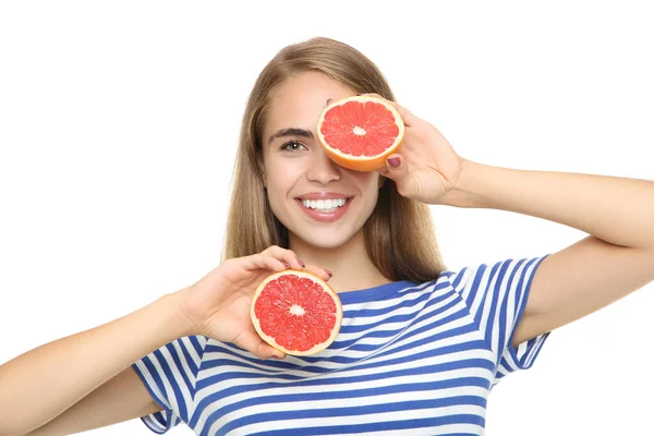 Jong Meisje Met Verse Grapefruit Witte Achtergrond — Stockfoto