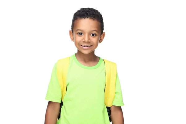 Jovem Menino Escola Afro Americana Com Mochila Fundo Branco — Fotografia de Stock