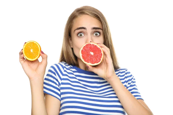 Jeune Fille Tenant Pamplemousse Fruits Orange Sur Fond Blanc — Photo