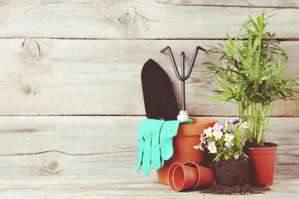 Peralatan Kebun Dengan Tanaman Hijau Dan Bunga Atas Meja Kayu — Stok Foto