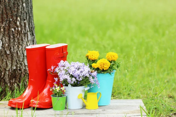 Rode Rubberen Laarzen Met Bloemen Houten Plank — Stockfoto