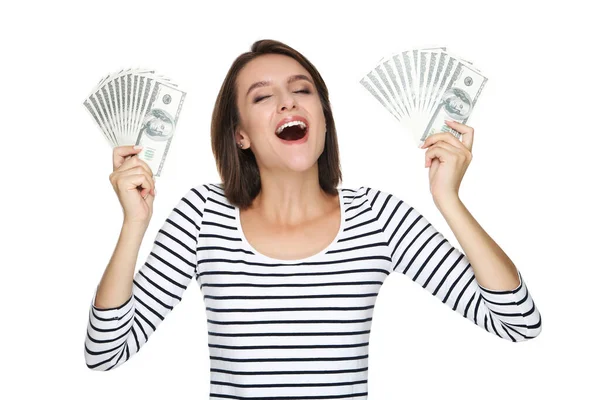 Joven Mujer Feliz Sosteniendo Billetes Dólar Aislados Sobre Fondo Blanco — Foto de Stock