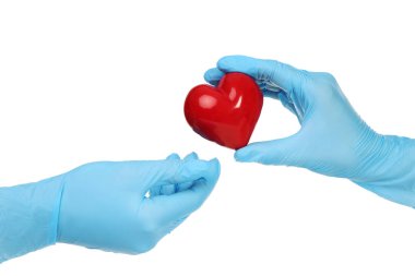 Doktor elleri eldivenli, kırmızı kalbi beyaz arka planda tutuyor.
