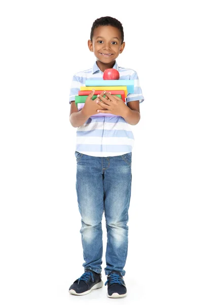 Молодой Афроамериканский Школьник Книгами Красным Яблоком Белом Фоне — стоковое фото
