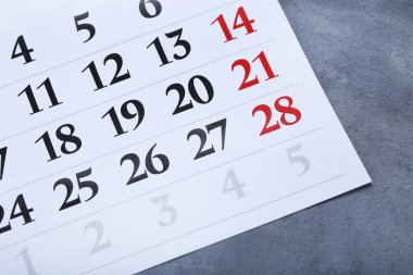 Gri arkaplanda kağıt takvim sayfası