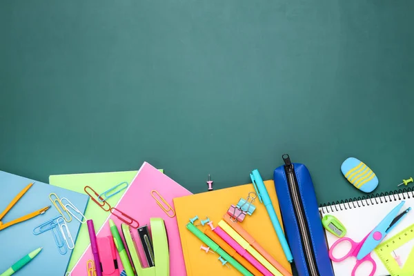 Different School Supplies Chalkboard Background — Stock Photo, Image