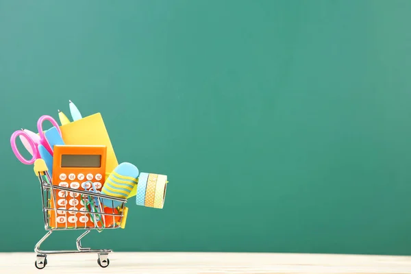 School Supplies Shopping Cart Chalkboard Background — Stock Photo, Image