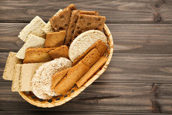 Tasty Crispbread Basket Wooden Table — Stock Photo, Image