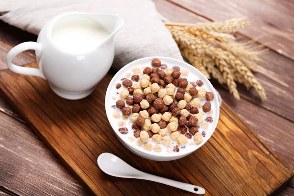 Corn Flakes Bowl Milk Jar Brown Wooden Table — Stock Photo, Image