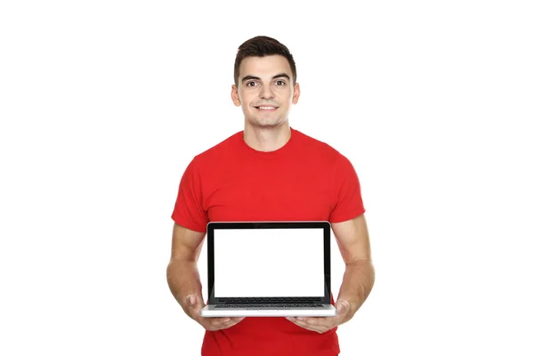 Jongeman Met Computer Laptop Witte Achtergrond — Stockfoto