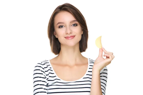 Красивая Девушка Картофельными Чипсами Белом Фоне — стоковое фото