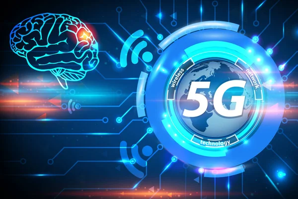Beyin tümörü konsepti için 5G sağlık tehlikesi. 5G cep telefonu şebekeleri yeni nesil telefonlar için yüksek hızlı internettir. 5G küresel yenilik vektörü illüstrasyonu