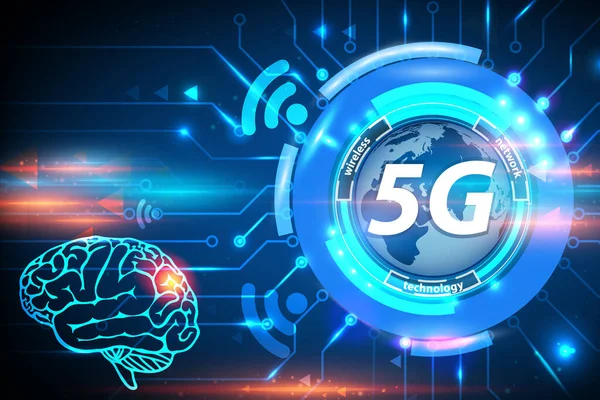 Beyin tümörü konsepti için 5G sağlık tehlikesi. 5G cep telefonu şebekeleri yeni nesil telefonlar için yüksek hızlı internettir. 5G küresel yenilik vektörü illüstrasyonu
