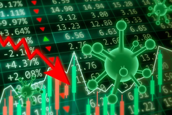 Coronavirus borsa konseptini etkiliyor. Koronavirüs salgını ve kırmızı okun düştüğü bir monitörün mali verileri. Koyu yeşil arkaplanda kırmızı ve yeşil mum çizelgesi