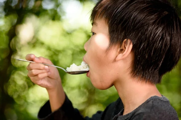 Young boy eating rice