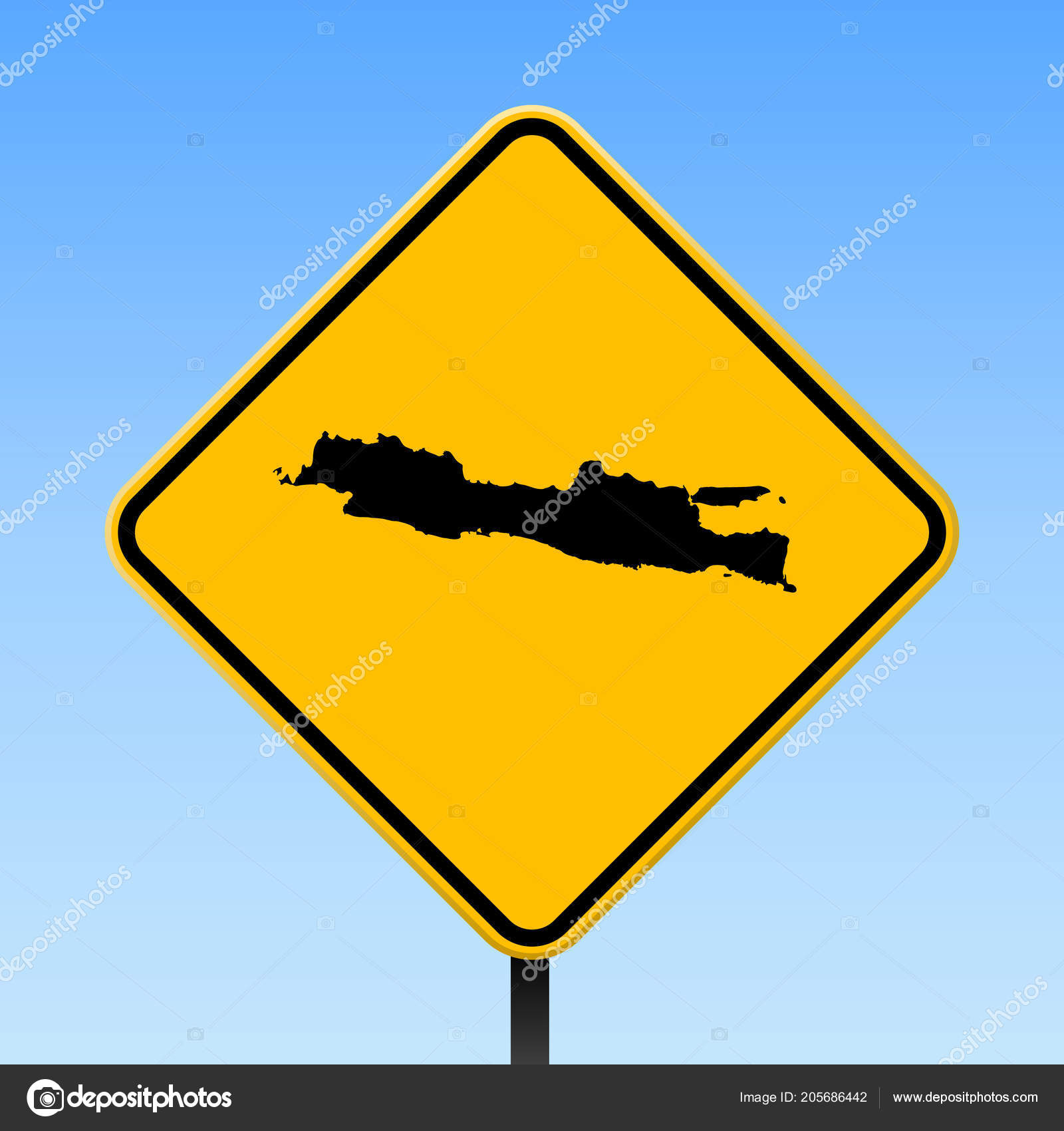 Java map on road sign Square poster with Java island map on yellow ...