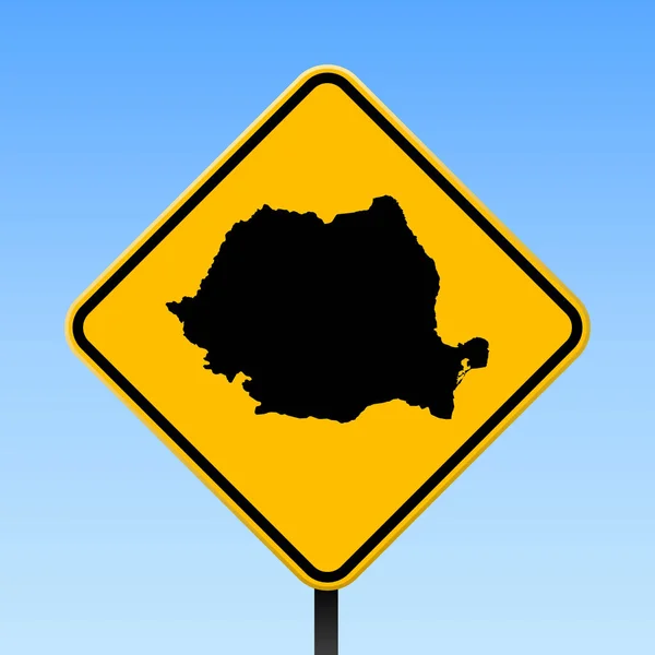 Rumania mapa en la señal de tráfico Cartel cuadrado con Rumania mapa del país en rombo amarillo señal de tráfico Vector — Vector de stock