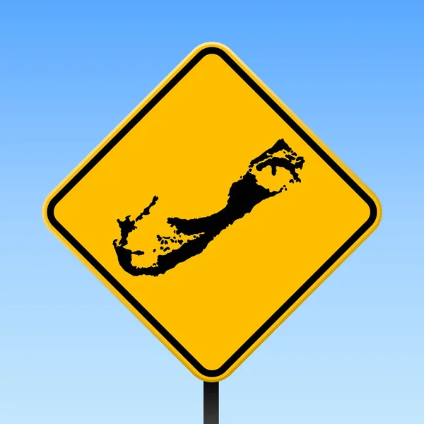 Bermudas mapa en la señal de tráfico Cartel cuadrado con Bermudas mapa de la isla en rombo amarillo señal de tráfico Vector — Vector de stock