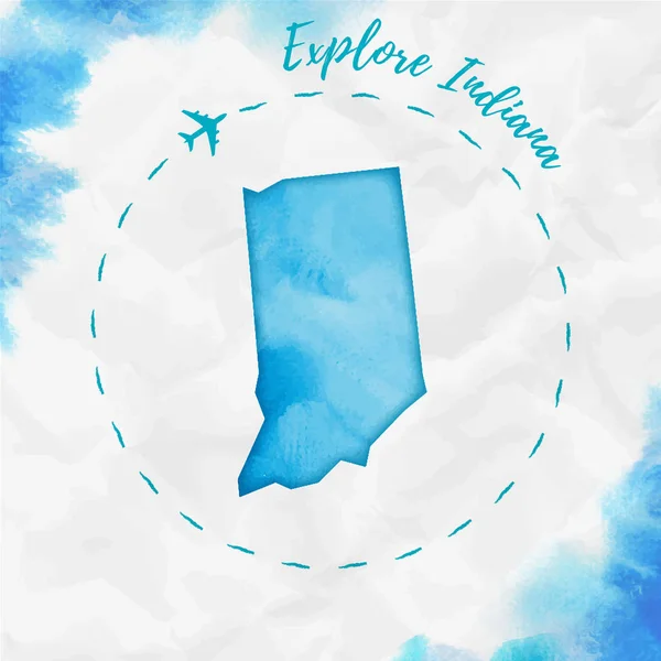 Indiana watercolor us state map in turquoise colors Explore Indiana poster with airplane trace and