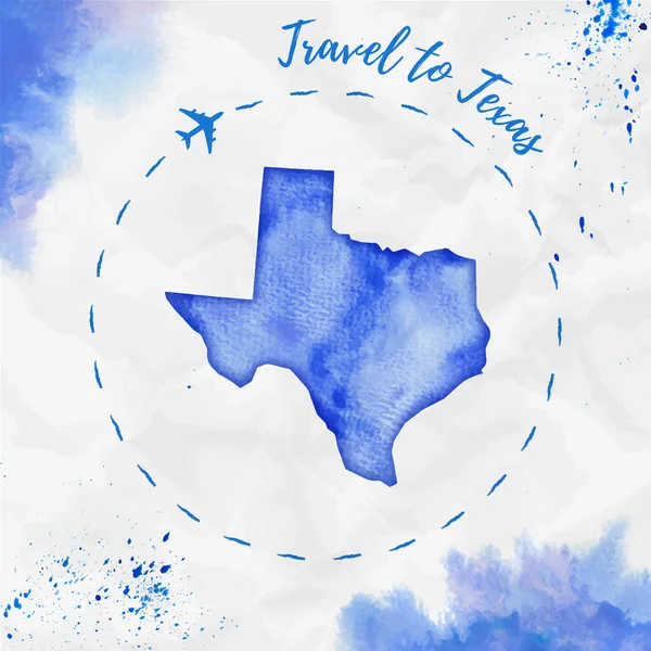Texas watercolor us state map in blue colors Travel to Texas poster with airplane trace and