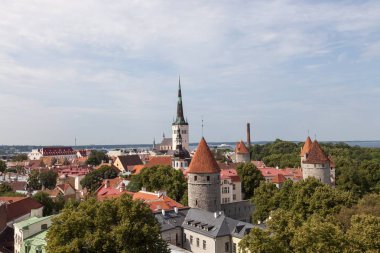 Tallinn kiliseleri ve steeples güzel havadan görünümü Avrupa kuleleri Ortaçağ kenti çatı görünümü