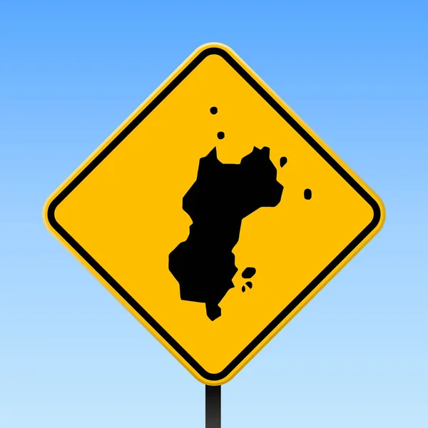 Mustique mapa na placa de estrada Praça cartaz com Mustique mapa da ilha em amarelo losango sinal de estrada Vector — Vetor de Stock