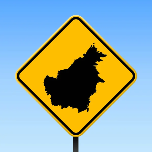 Borneo kaart op weg ondertekenen vierkante poster met Borneo eiland kaart op de gele rhomb verkeersbord Vector — Stockvector