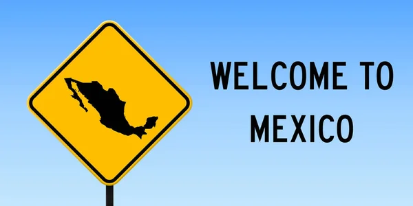 Peta Meksiko pada rambu jalan Poster lebar dengan peta negara Meksiko pada tanda jalan kuning - Stok Vektor