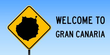 Gran Canaria harita yol işareti geniş afiş üzerinde Gran Canaria ada harita üzerinde sarı rhomb yol işaret ile