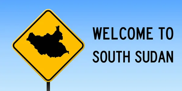 Sudão do Sul mapa na placa de estrada Amplo cartaz com Sudão do Sul mapa do país no sinal de estrada losango amarelo —  Vetores de Stock