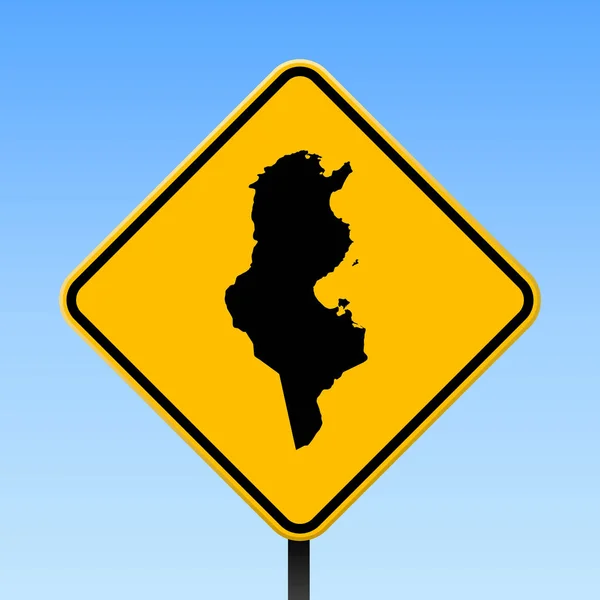 Tunísia mapa na placa de estrada Praça cartaz com Tunísia mapa do país em amarelo losango sinal de estrada Vector — Vetor de Stock